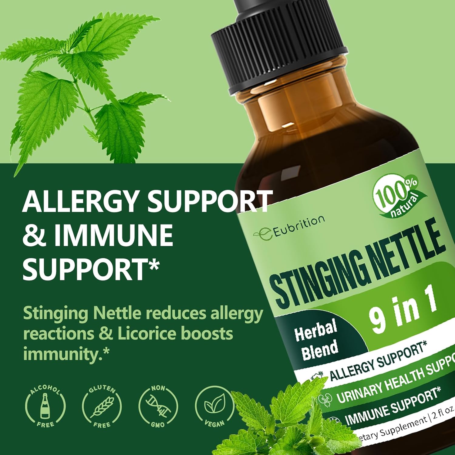 Allergy Support Herbal Drops with Stinging Nettle, Quercetin, Turmeric - 2oz for Urinary Health & Immunity Boost