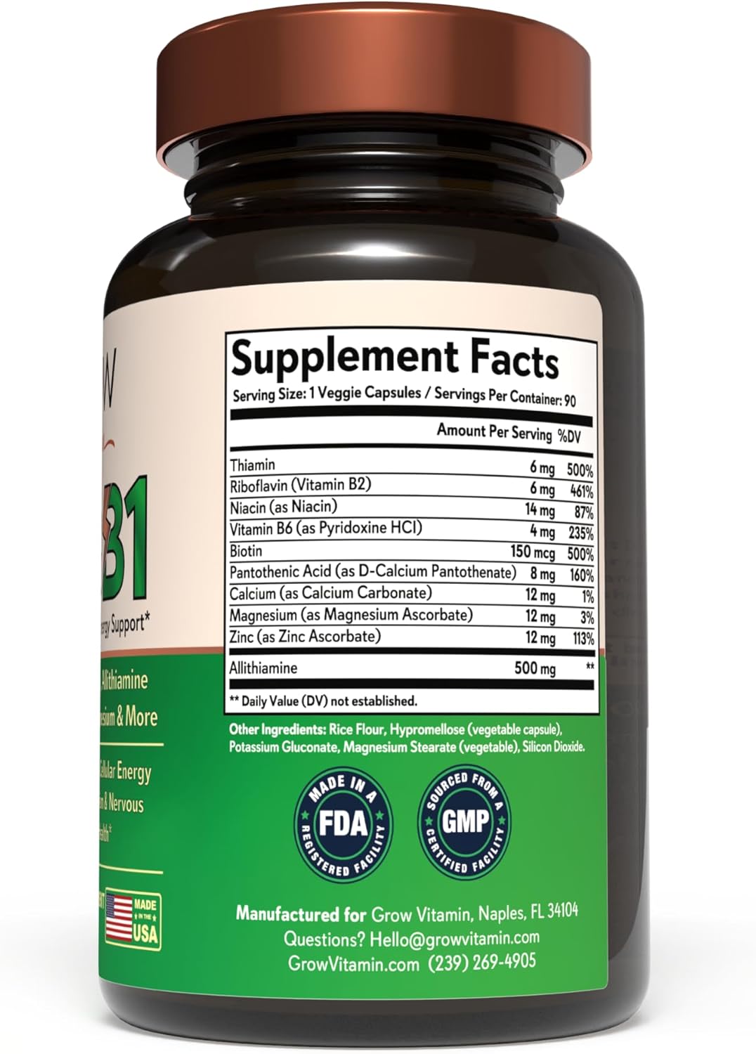 Allithiamine Natural Vitamin B1 Supplement - Essential B-Vitamins for Energy, Mood, & Nervous System - 90 Capsules