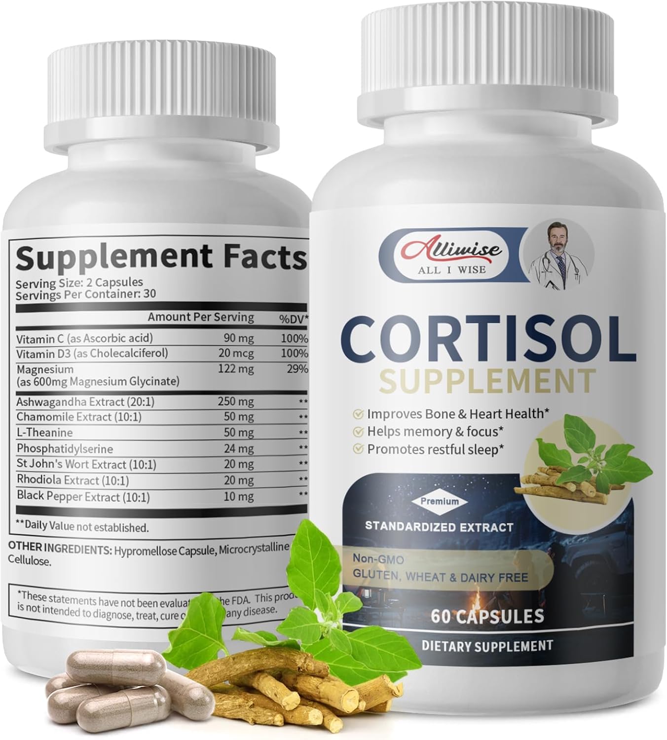 Alliwise Cortisol Reducer Supplement for Women with Magnesium, Ashwagandha, Rhodiola, L-Theanine - 10-in-1 Manager