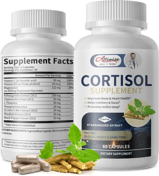 Alliwise Cortisol Reducer Supplement for Women with Magnesium, Ashwagandha, Rhodiola, L-Theanine - 10-in-1 Manager