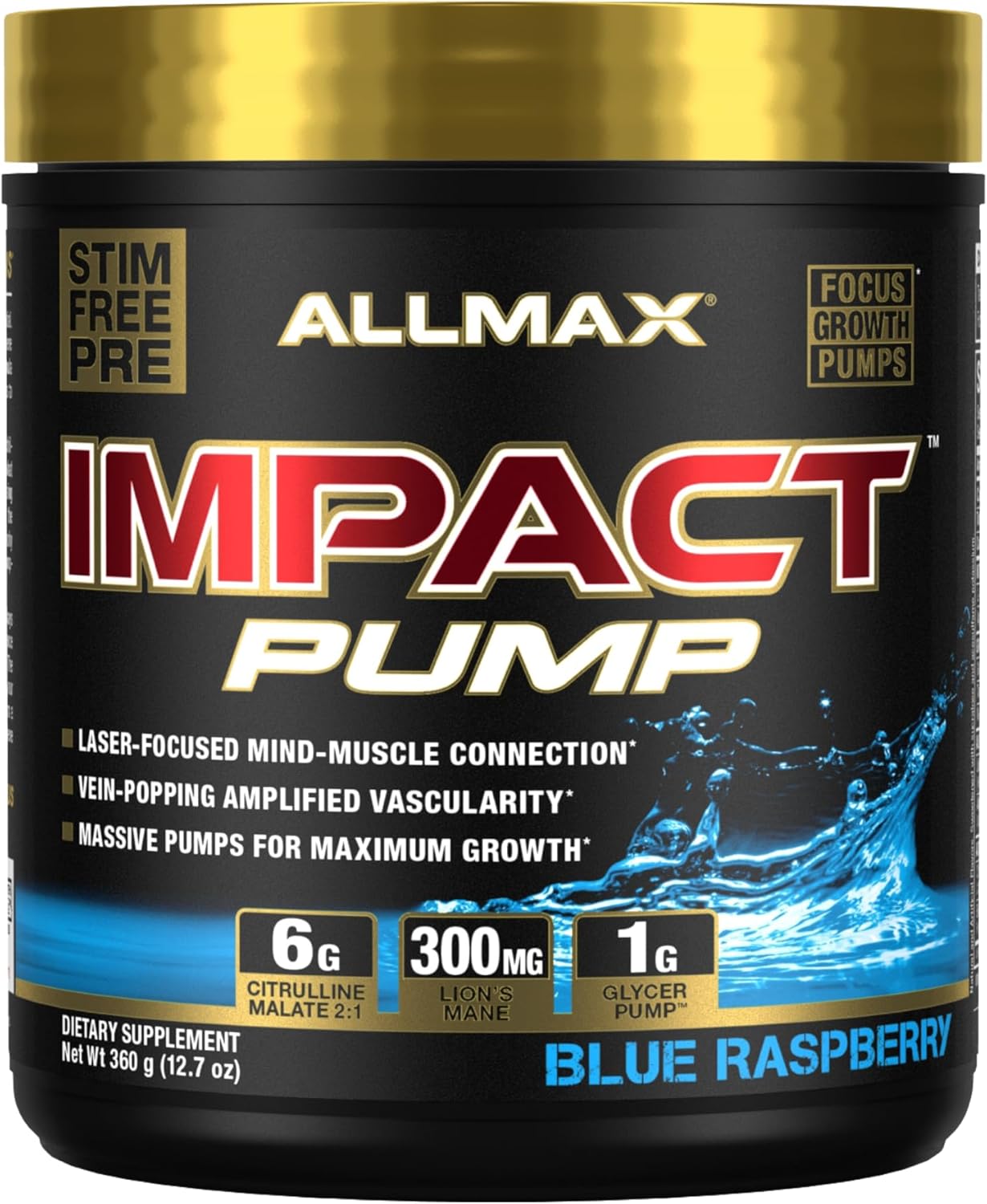 ALLMAX Impact Pump Blue Raspberry 360g Stim-Free Pre-Workout Formula Boosts Pumps Mind-Muscle Connection Citrulline Malate Lion’s Mane 30 Servings