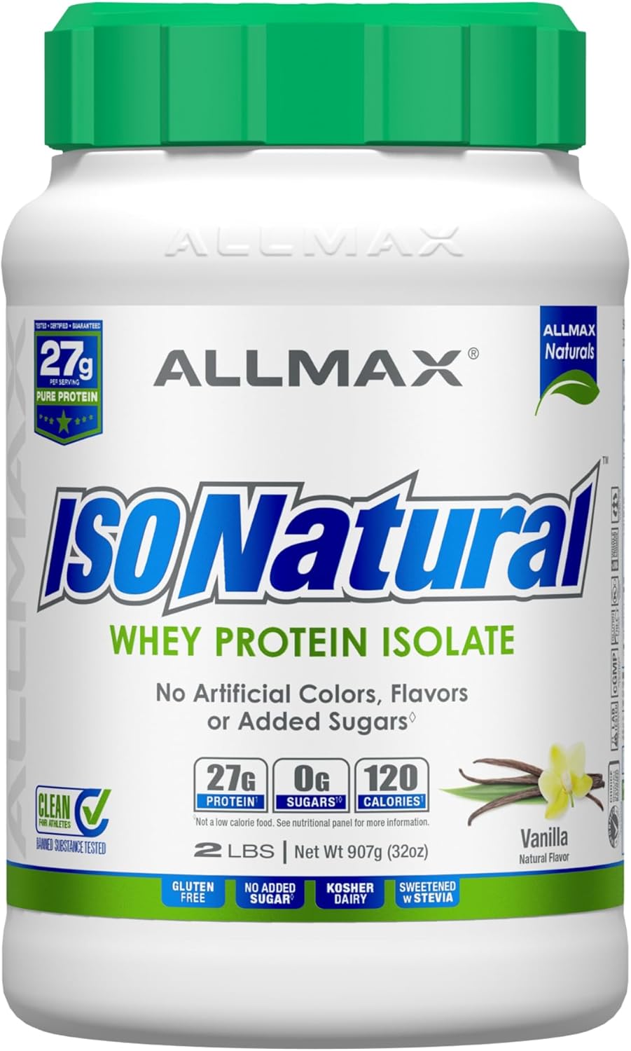 ALLMAX ISONATURAL Vanilla Whey Protein Isolate - 2 lb Tub - 27g Protein Per Serving - Zero Fat/Sugar - 99% Lactose Free - With Prebiotics - No Artificial Flavors - 29 Servings