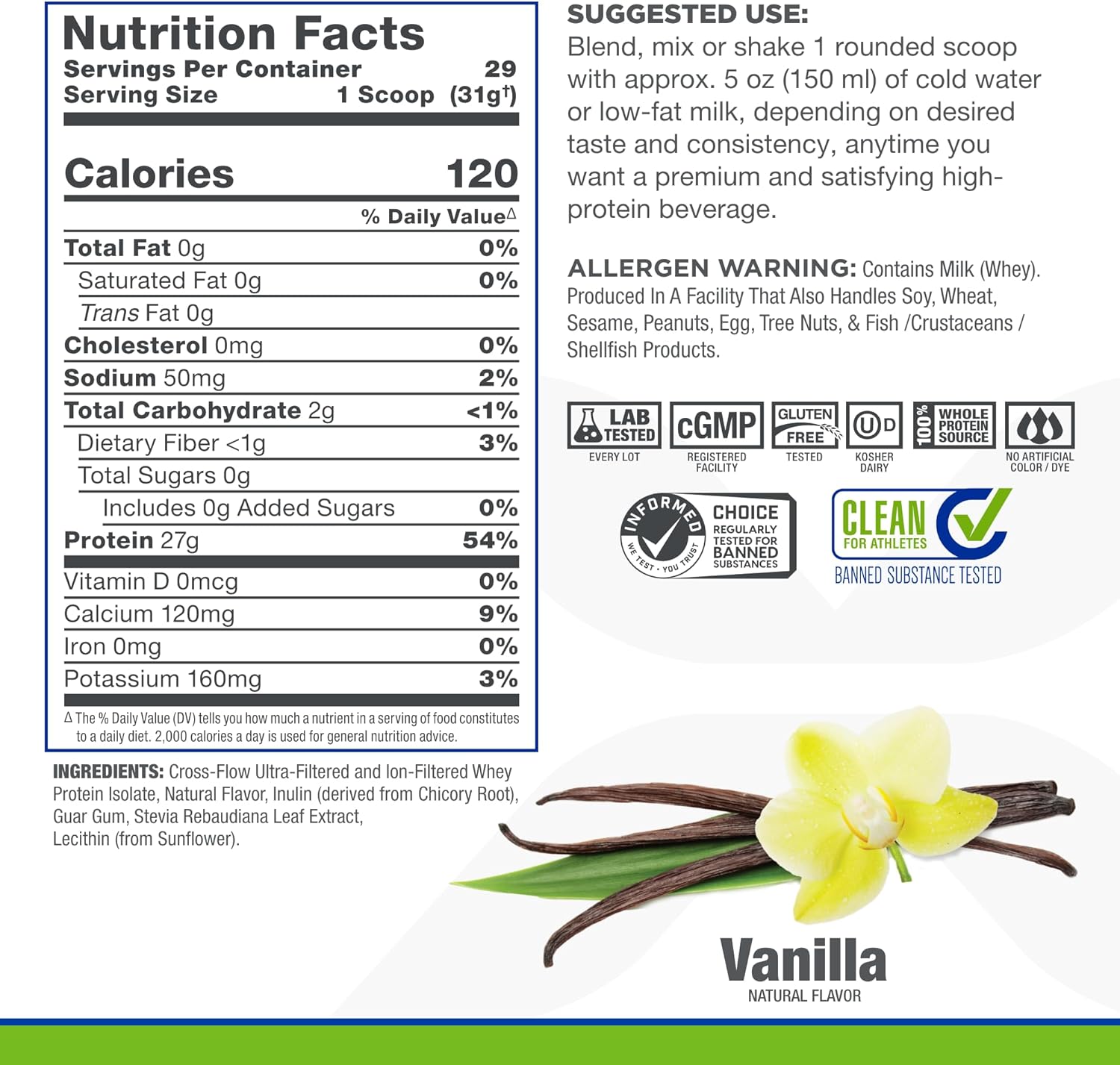 ALLMAX ISONATURAL Vanilla Whey Protein Isolate - 2 lb Tub - 27g Protein Per Serving - Zero Fat/Sugar - 99% Lactose Free - With Prebiotics - No Artificial Flavors - 29 Servings