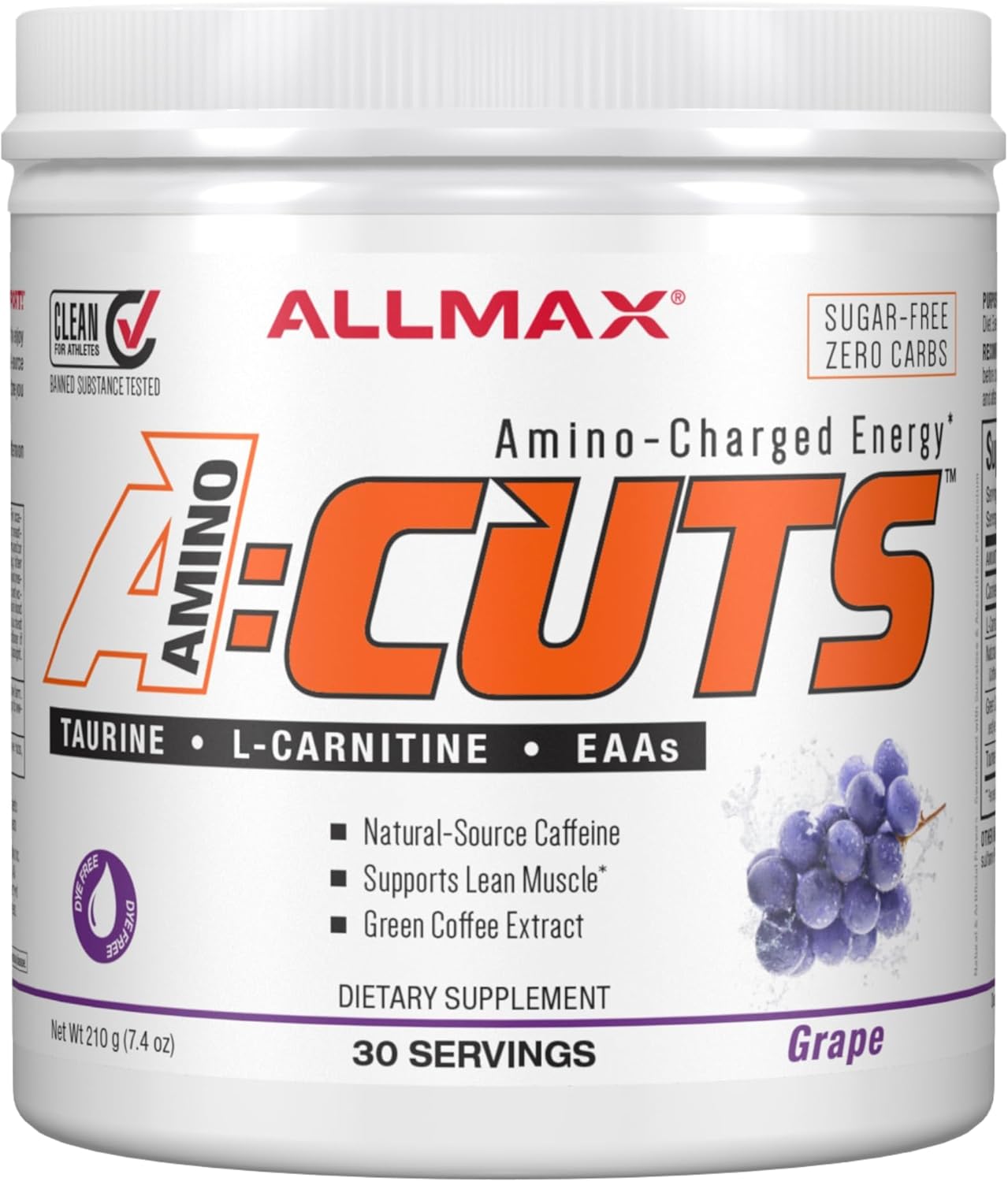 ALLMAX Nutrition A:CUTS Amino-Charged Energy Drink, Grape Flavor - 210g - Caffeinated with Green Coffee Extract, L-Carnitine, and Taurine - Sugar & Gluten Free - 30 Servings