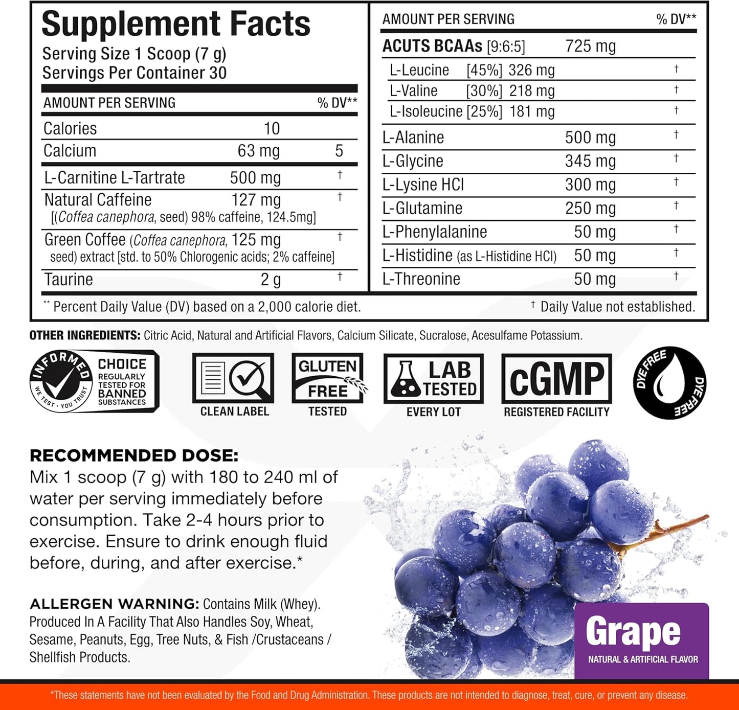 ALLMAX Nutrition A:CUTS Amino-Charged Energy Drink, Grape Flavor - 210g - Caffeinated with Green Coffee Extract, L-Carnitine, and Taurine - Sugar & Gluten Free - 30 Servings