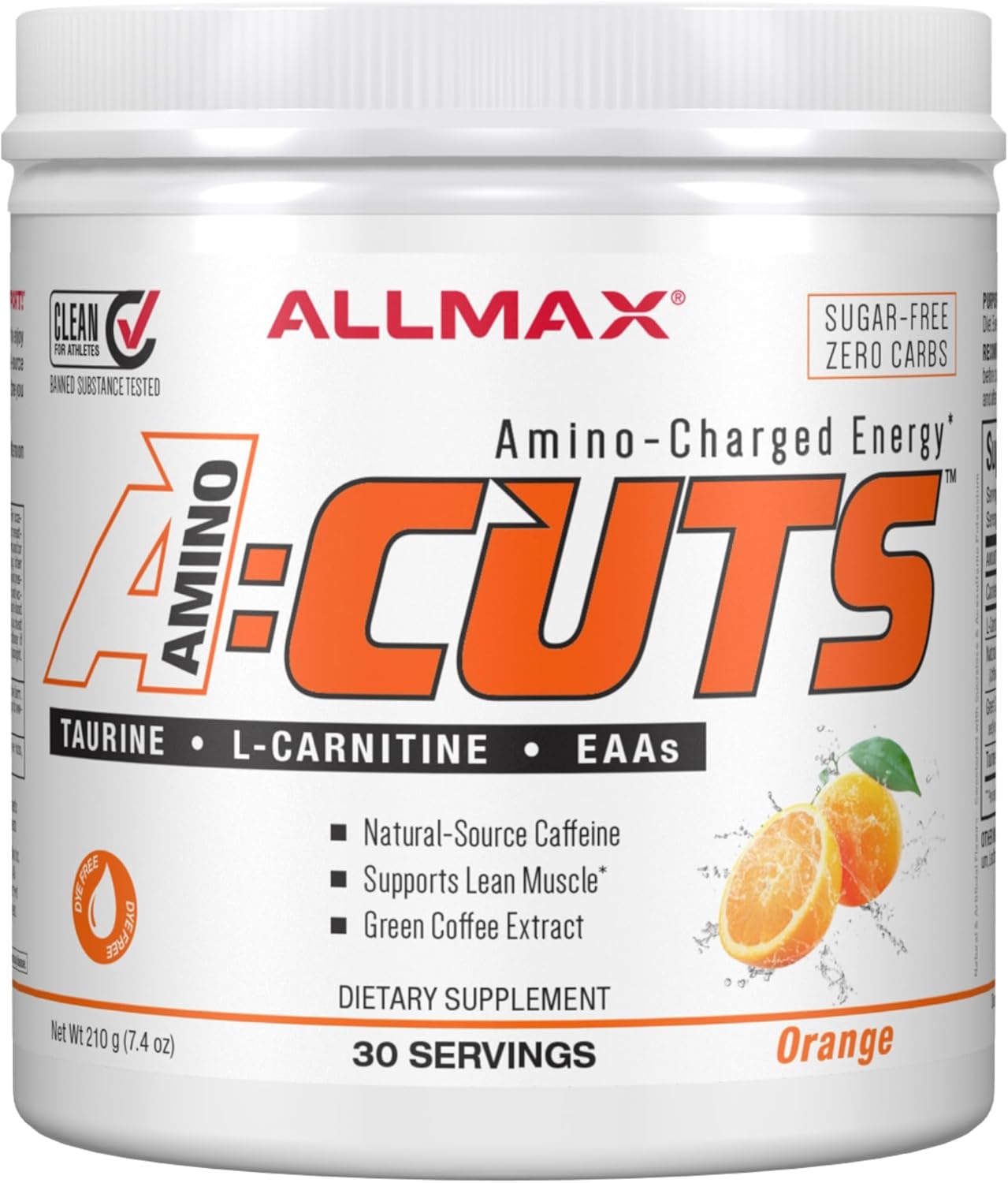 ALLMAX Nutrition A:CUTS Amino Energy Drink - Arctic Orange Flavor - 210g - With Caffeine, Green Coffee Extract, L-Carnitine, Taurine - Sugar & Gluten Free - 30 Servings