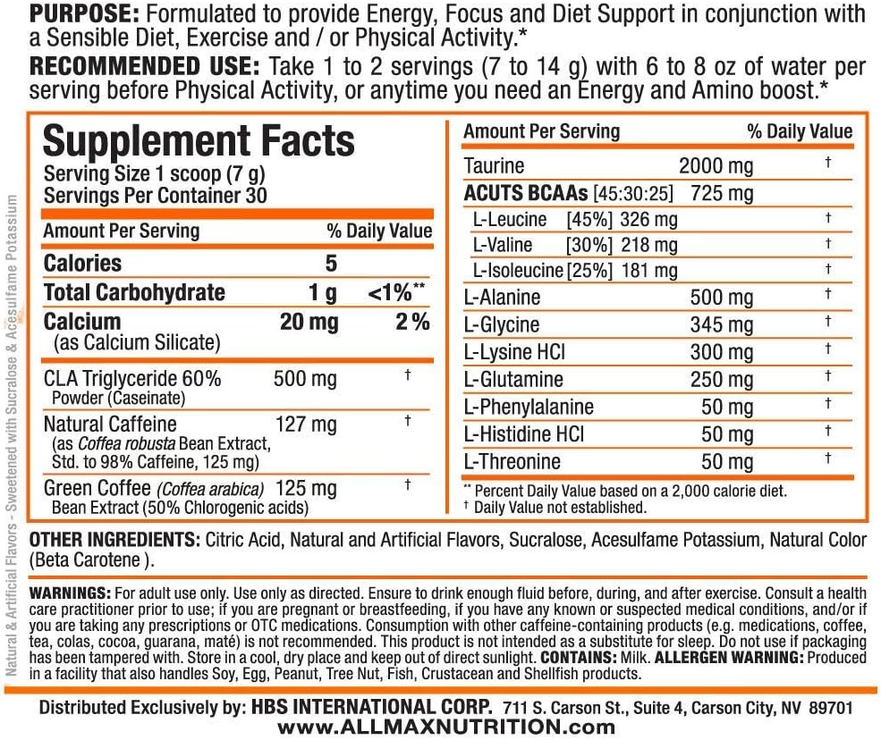 ALLMAX Nutrition A:CUTS Amino Energy Drink - Arctic Orange Flavor - 210g - With Caffeine, Green Coffee Extract, L-Carnitine, Taurine - Sugar & Gluten Free - 30 Servings