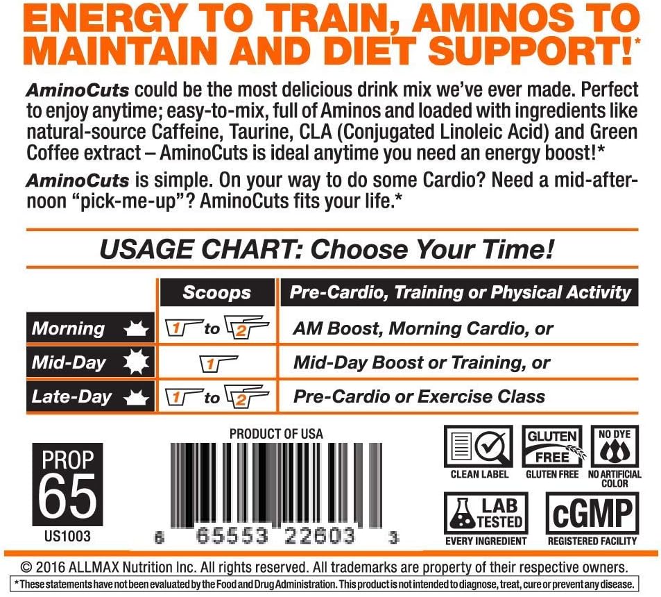 ALLMAX Nutrition A:CUTS Amino Energy Drink - Arctic Orange Flavor - 210g - With Caffeine, Green Coffee Extract, L-Carnitine, Taurine - Sugar & Gluten Free - 30 Servings