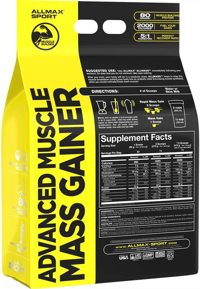 ALLMAX Nutrition All Mass Advanced Muscle Gainer Chocolate 12 Lbs 2000 Calories Zero Trans Fat Supplement