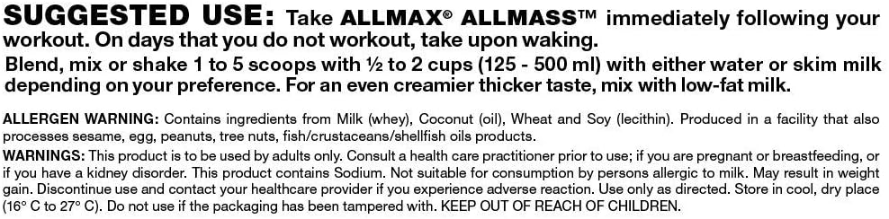 ALLMAX Nutrition All Mass Advanced Muscle Gainer Chocolate 12 Lbs 2000 Calories Zero Trans Fat Supplement