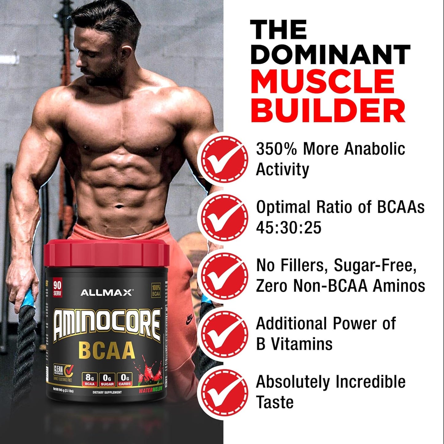 ALLMAX Nutrition AMINOCORE BCAA Powder - White Grape Flavor, 315g - Gluten Free Intra & Post Workout Recovery Drink with 8.18g Amino Acids
