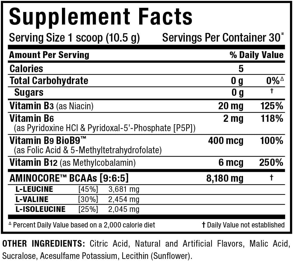 ALLMAX Nutrition AMINOCORE BCAA Powder - White Grape Flavor, 315g - Gluten Free Intra & Post Workout Recovery Drink with 8.18g Amino Acids