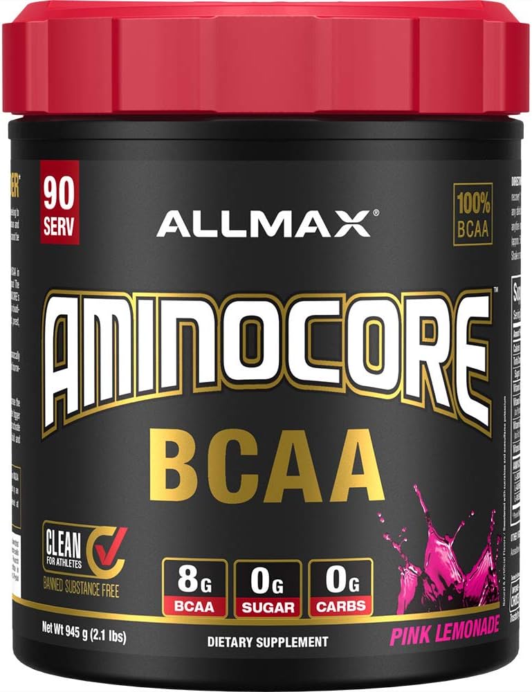 ALLMAX Nutrition AMINOCORE BCAA Powder, Pink Lemonade Flavor with B Vitamins - 945g, 90 Servings - 8.18g of BCAAs Per Serving - Sugar Free and Filler-Free