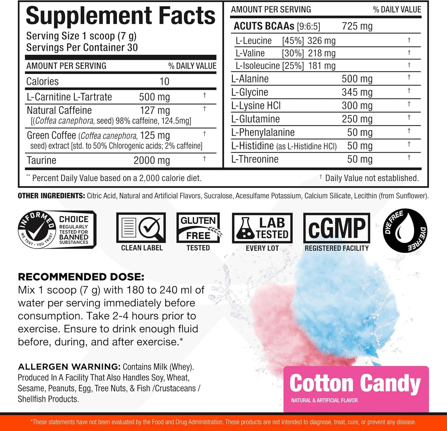 ALLMAX Nutrition AMINOCUTS (ACUTS) Energy Drink - Taurine, L-Carnitine, Green Coffee, Cotton Candy - 30 Servings
