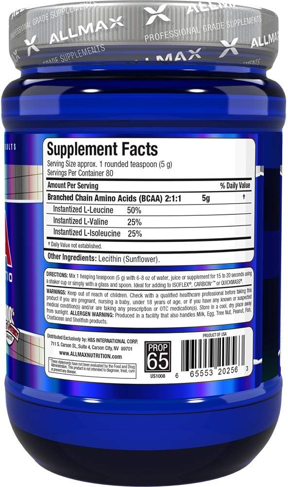 ALLMAX Nutrition BCAA 2:1:1 Powder, Unflavored Amino Acid Supplement for Muscle Recovery - 400g Pack