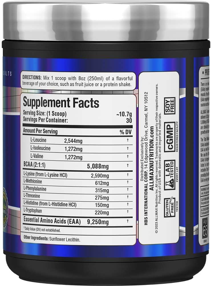 ALLMAX Nutrition Essentials EAA Powder - Unflavored, 320g - Build Muscle, Recovery Support - 5g BCAAs, Vegan, Gluten Free - 30 Servings