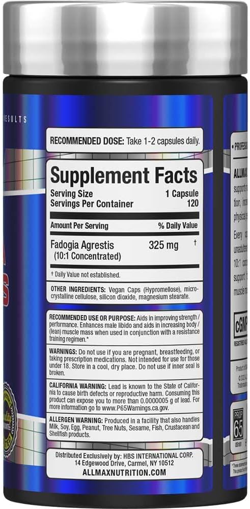 ALLMAX Nutrition Fadogia Agrestis Supplement - 120 Capsules - Boosts Testosterone, Libido, Muscle Growth - Men’s Health - 120 Servings