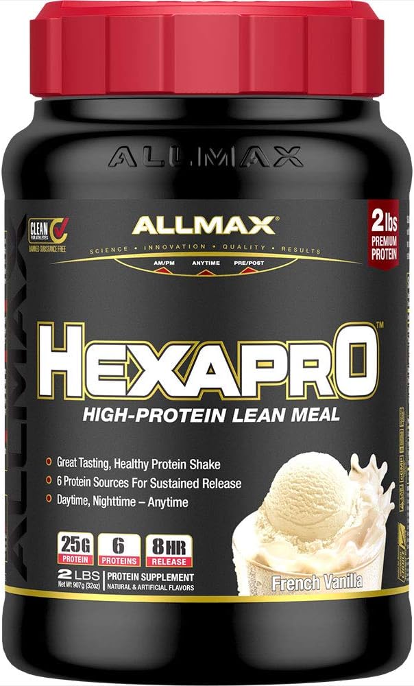 ALLMAX Nutrition HEXAPRO French Vanilla Protein Powder - 2 lb Tub - 25g Protein Per Serving - 8-Hour Sustained Release Formula - Zero Sugar - 21 Servings
