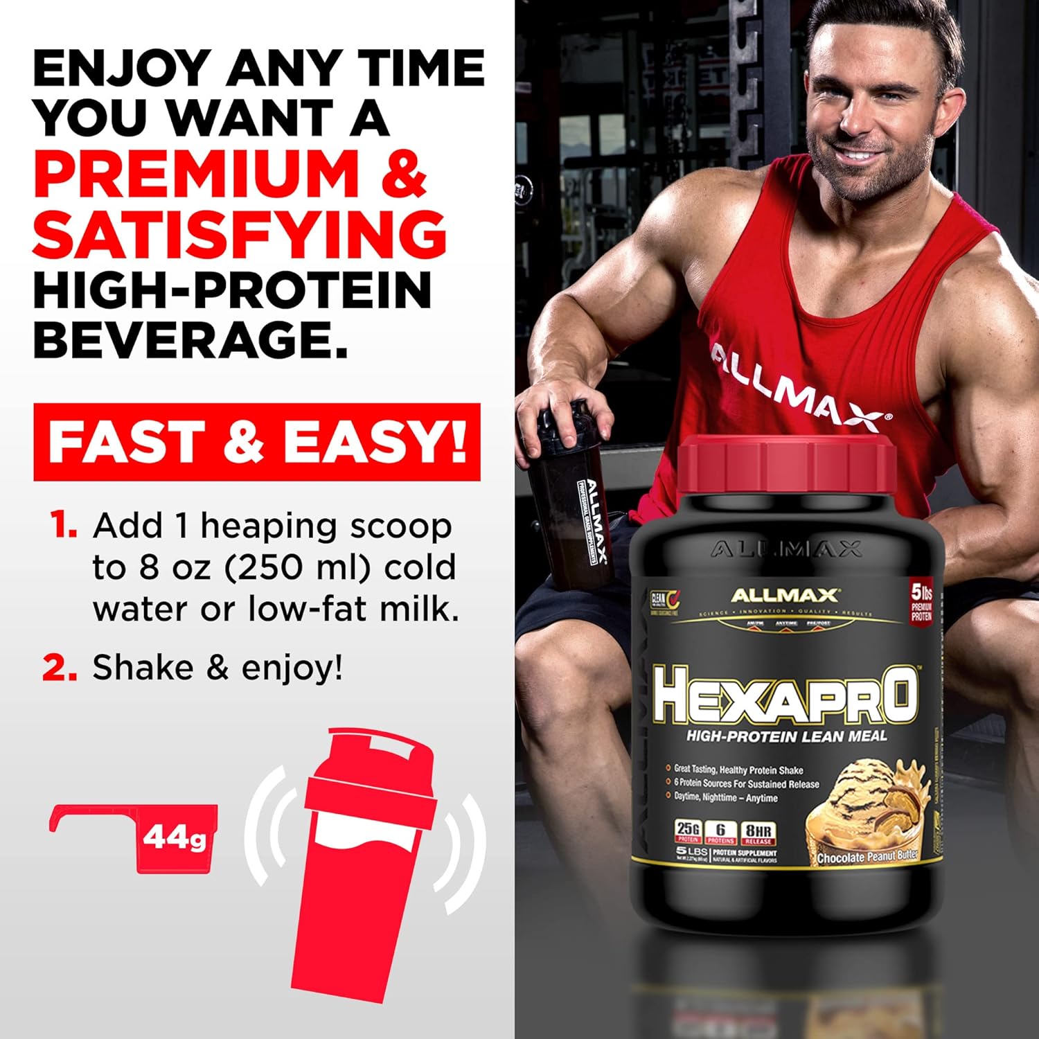 ALLMAX Nutrition HEXAPRO French Vanilla Protein Powder - 2 lb Tub - 25g Protein Per Serving - 8-Hour Sustained Release Formula - Zero Sugar - 21 Servings