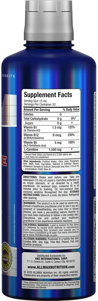 ALLMAX Nutrition Liquid L-Carnitine 1500 with Vitamin B5, Blue Raspberry Flavor, 16 oz - Boost Energy and Metabolism