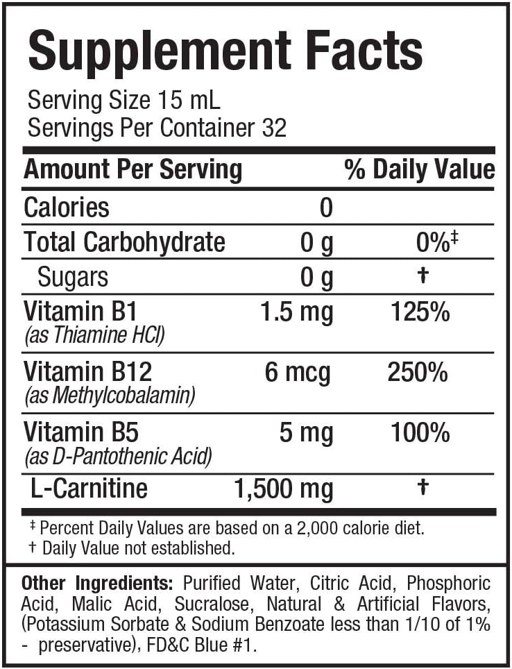 ALLMAX Nutrition Liquid L-Carnitine 1500 with Vitamin B5, Blue Raspberry Flavor, 16 oz - Boost Energy and Metabolism