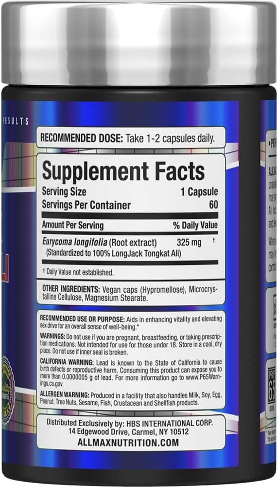 ALLMAX Nutrition LongJack Tongkat Ali Capsules - 60 Count - Men’s Health Supplement for Improved Vitality - 60 Servings