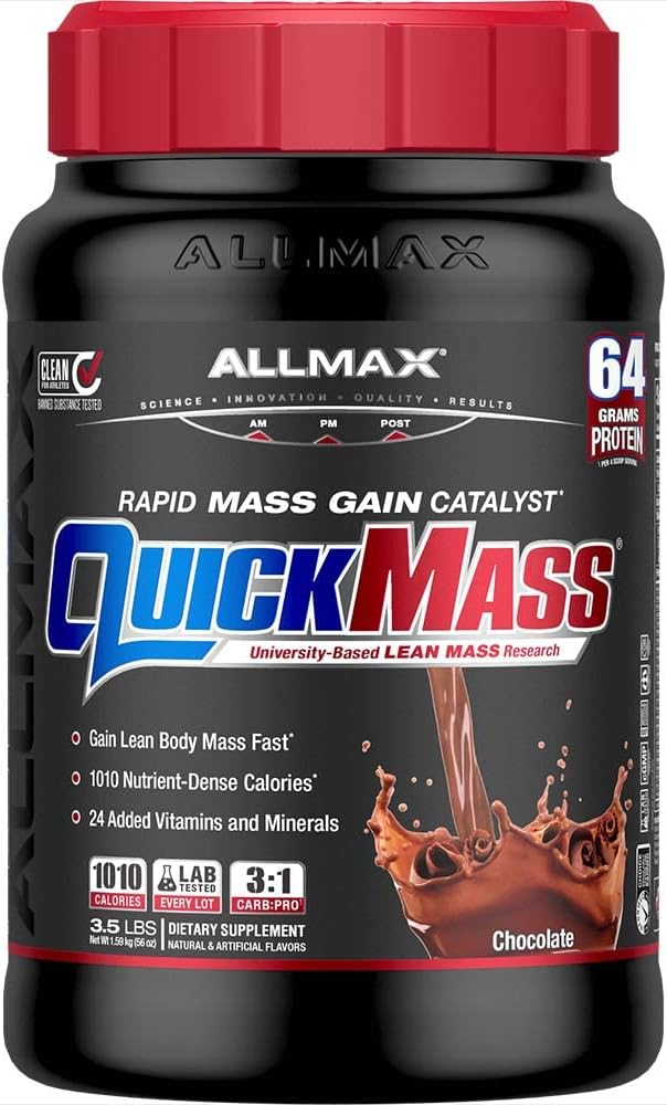 ALLMAX Nutrition QUICKMASS Chocolate 3.5 lb - Rapid Mass Gain Catalyst - 64g Protein - 3:1 Carb to Protein - Zero Trans Fat - 24 Servings
