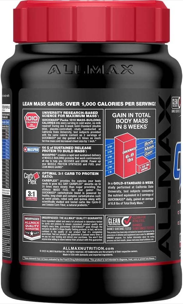 ALLMAX Nutrition QUICKMASS Chocolate 3.5 lb - Rapid Mass Gain Catalyst - 64g Protein - 3:1 Carb to Protein - Zero Trans Fat - 24 Servings