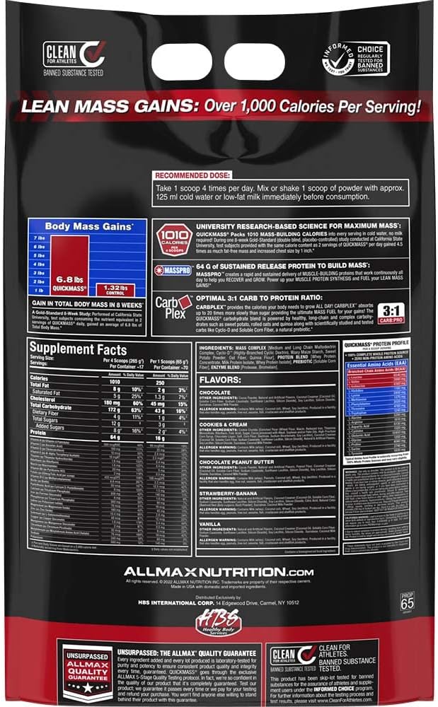 ALLMAX Nutrition QUICKMASS Cookies & Cream 10 lb - Rapid Mass Gain Catalyst - 64g Protein - 3:1 Carb to Protein - Zero Trans Fat - 70 Servings