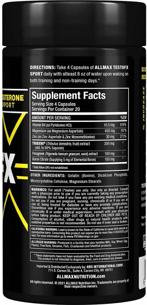ALLMAX TESTOFX Sport - 80 Capsules - Testosterone Support Formula - Enhances Muscle Strength - Zinc, Vitamin B6 & Magnesium - 20 Servings