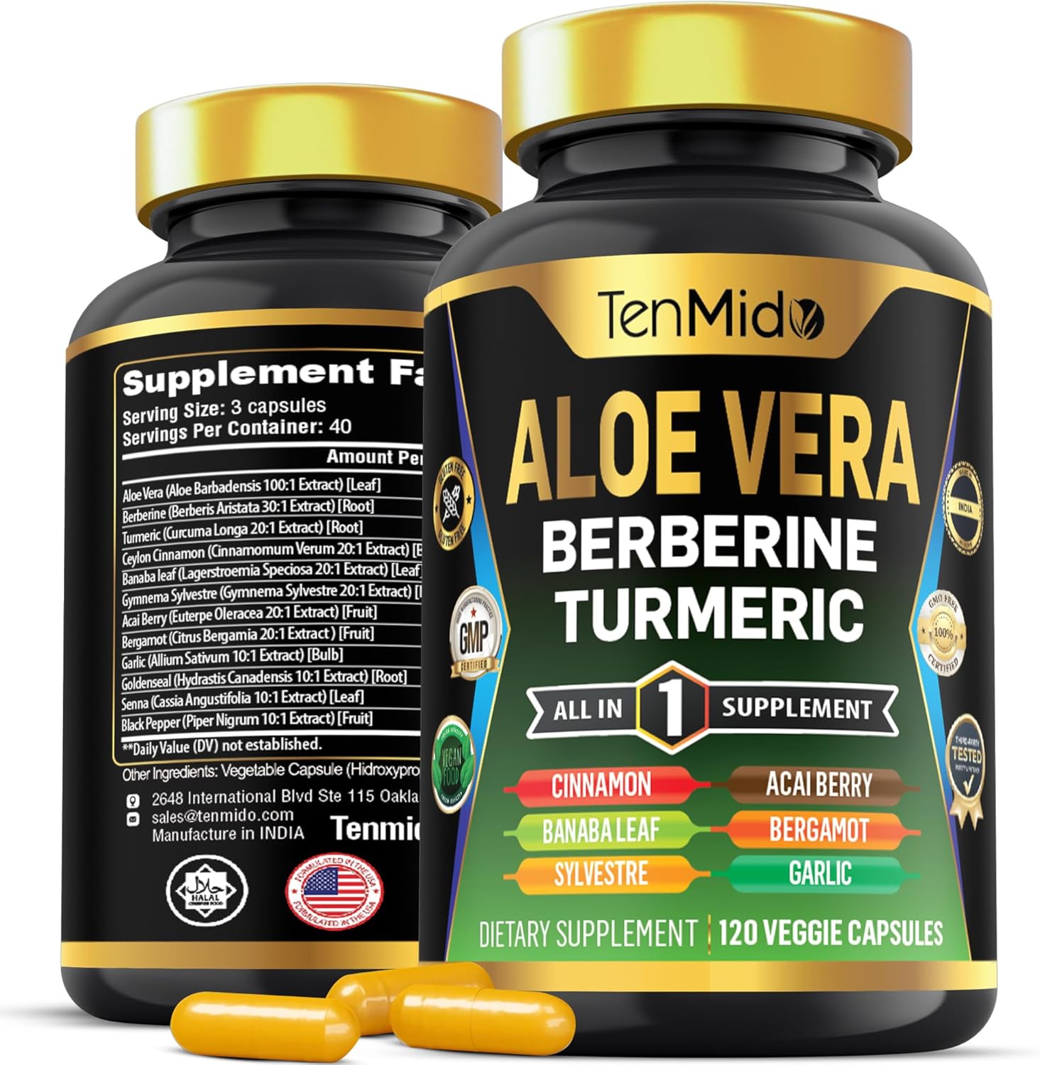 Aloe Vera Capsules Supplement with 12-in-1 Formula - Berberine, Turmeric, Ceylon Cinnamon, and More - 120 Capsules