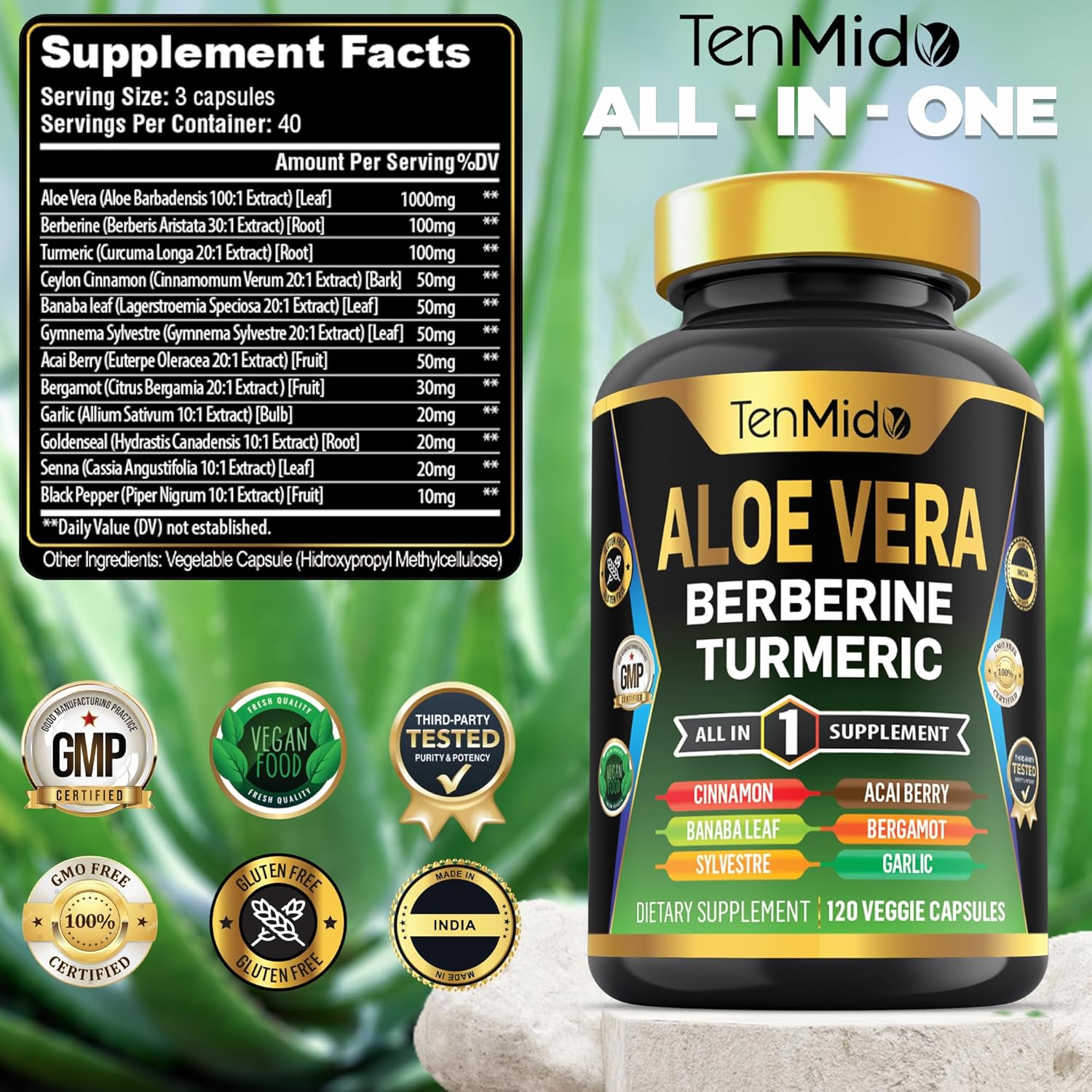 Aloe Vera Capsules Supplement with 12-in-1 Formula - Berberine, Turmeric, Ceylon Cinnamon, and More - 120 Capsules