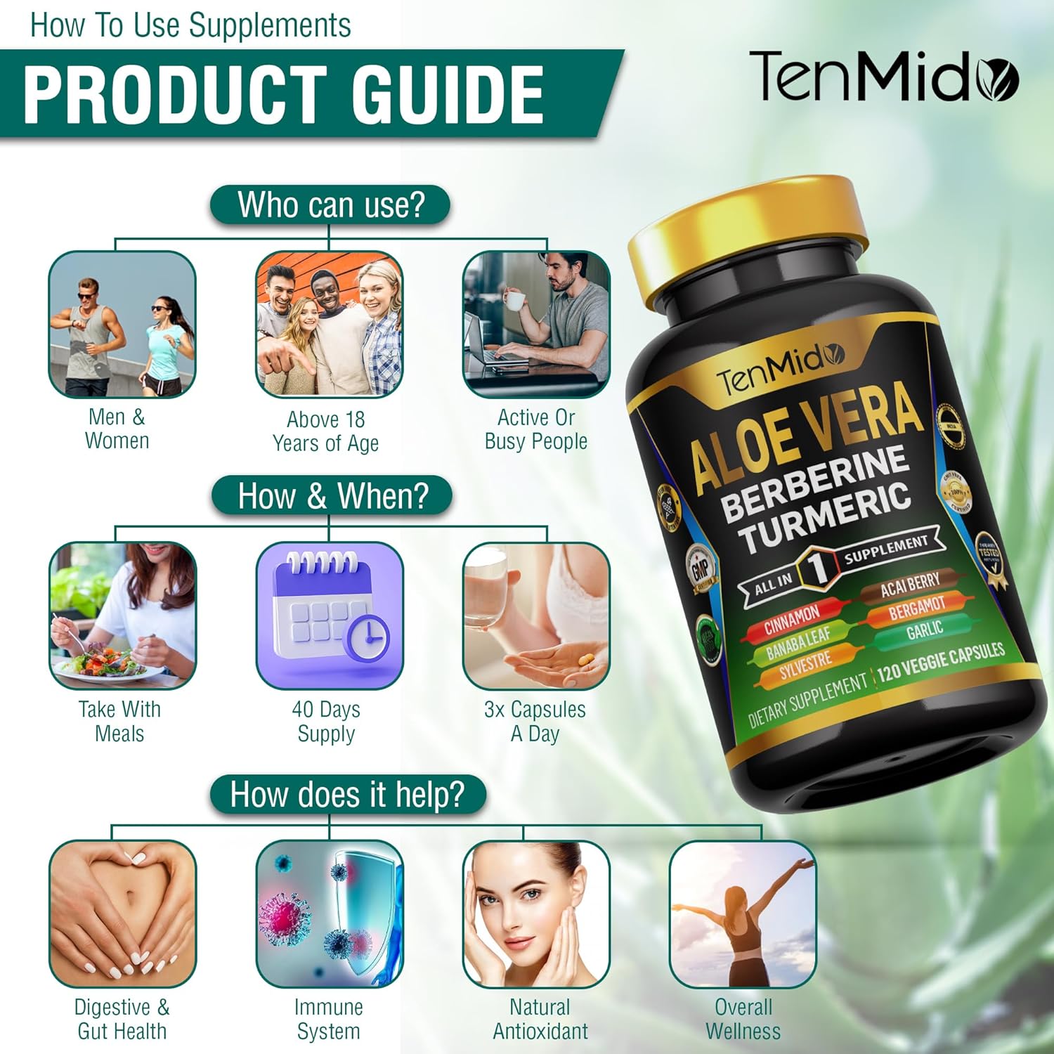 Aloe Vera Capsules Supplement with 12-in-1 Formula - Berberine, Turmeric, Ceylon Cinnamon, and More - 120 Capsules