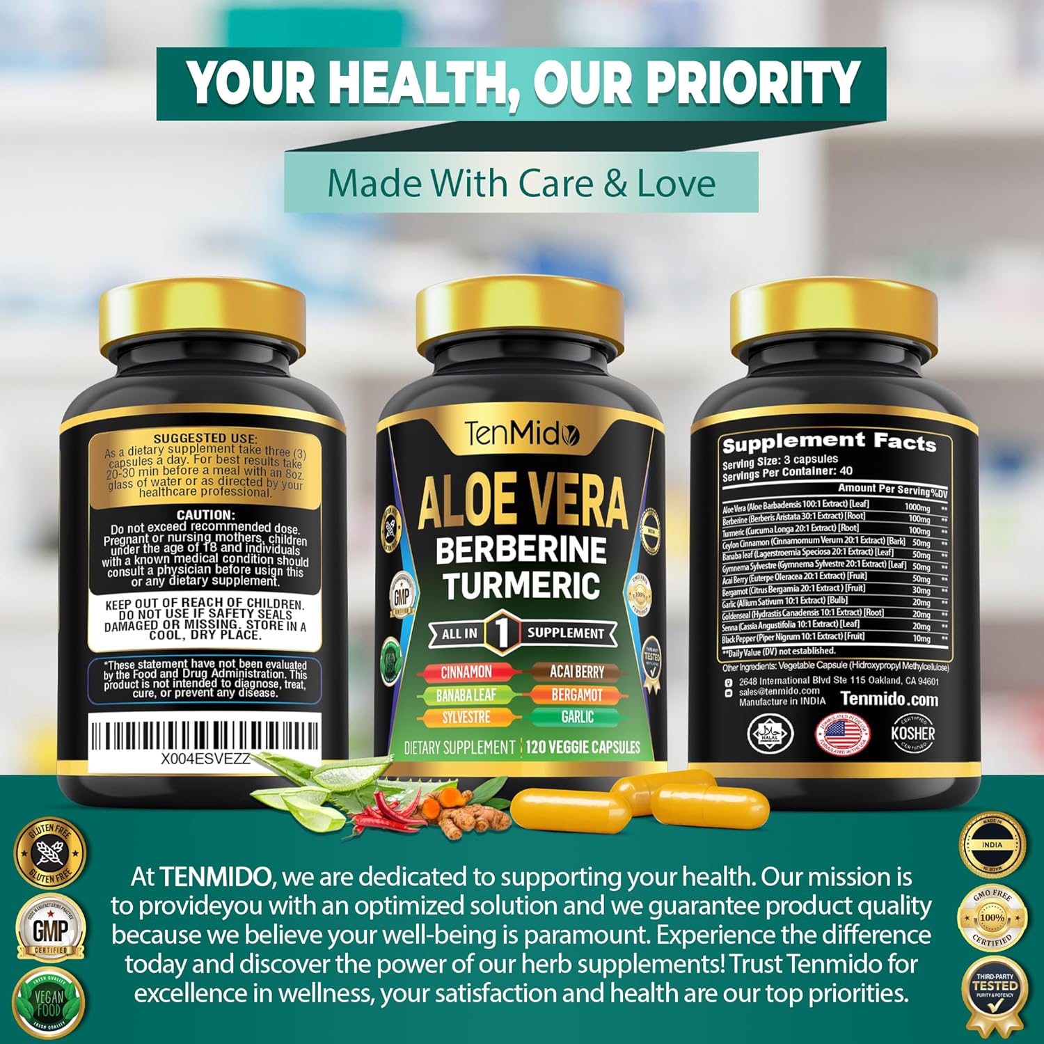 Aloe Vera Capsules Supplement with 12-in-1 Formula - Berberine, Turmeric, Ceylon Cinnamon, and More - 120 Capsules