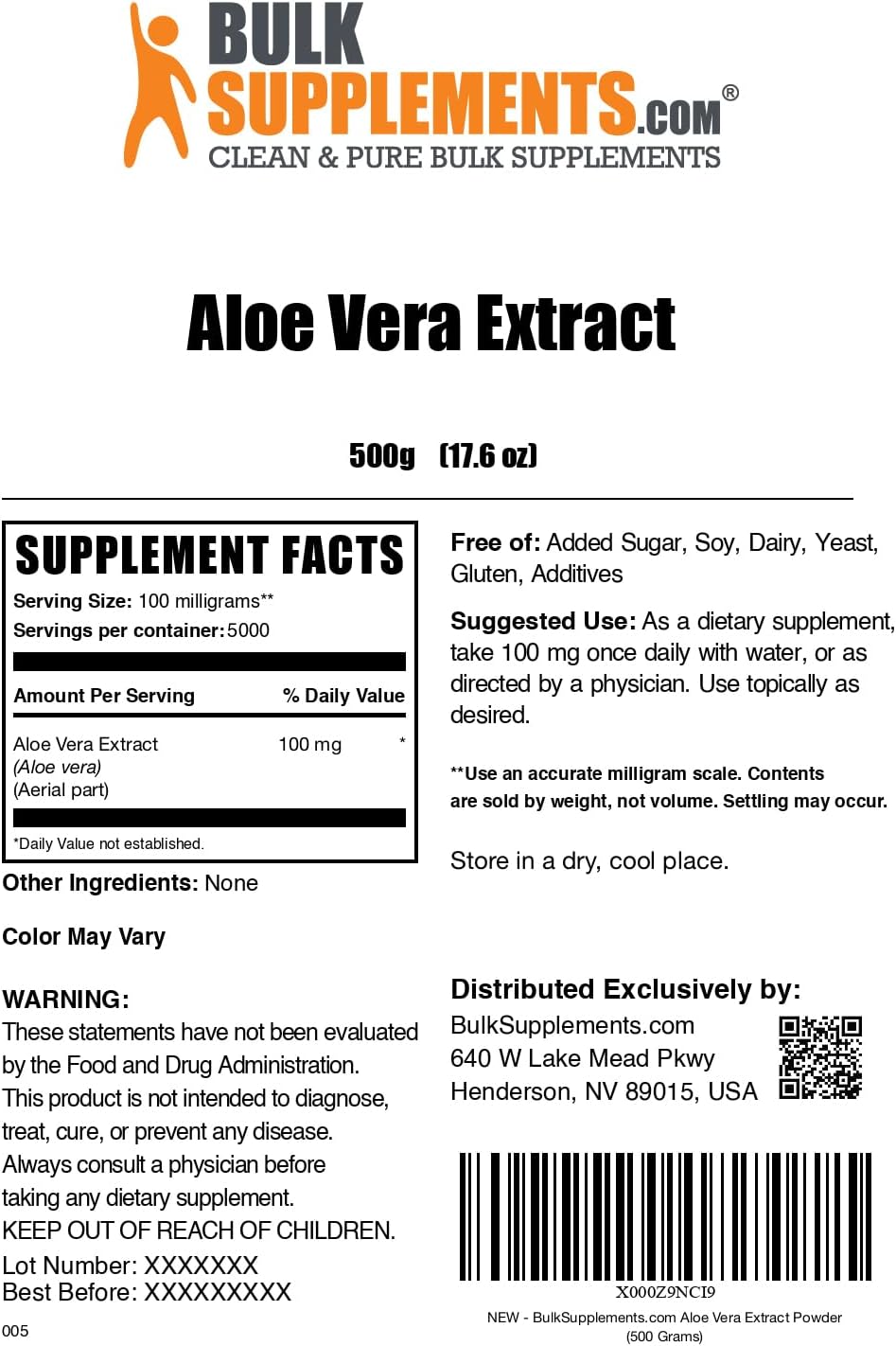 Aloe Vera Extract Powder - Herbal Supplement, Pure & Gluten Free - 500g (1.1 lbs) Pack - BulkSupplements