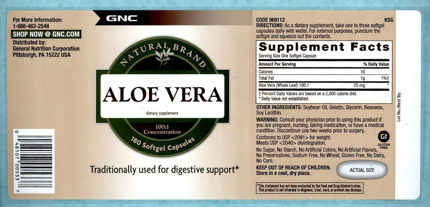 Aloe Vera SoftGel Capsules by GNC Natural Brand - Natural Supplement for Digestive Health and Skin Support