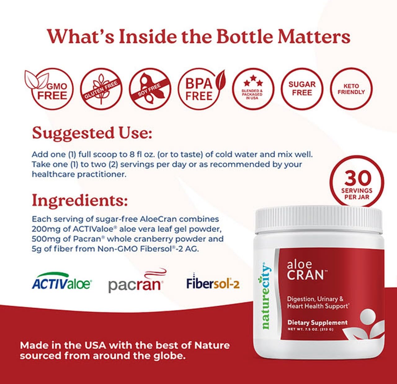 AloeCran Sugar-Free Drink Mix: Pure Aloe Vera & Cranberry Powder Extract for Urinary Health - 60 Servings