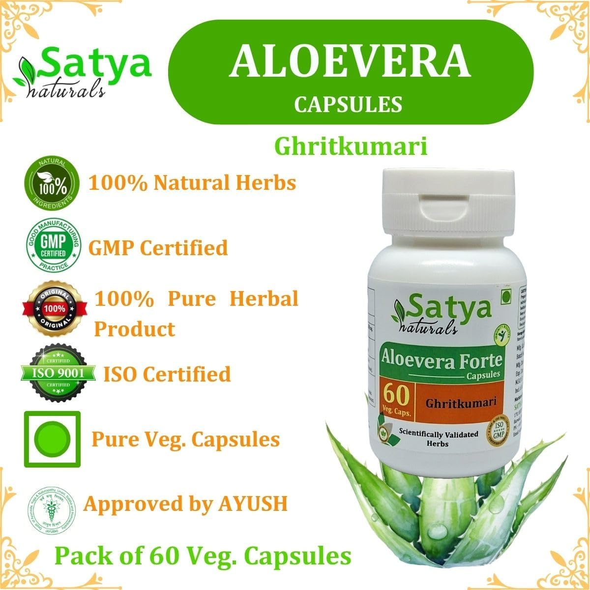 Aloevera Forte Capsules 500mg - 60 Veg Capsules | Men & Women | Ayurvedic Herbal Supplement | 1 Month Supply