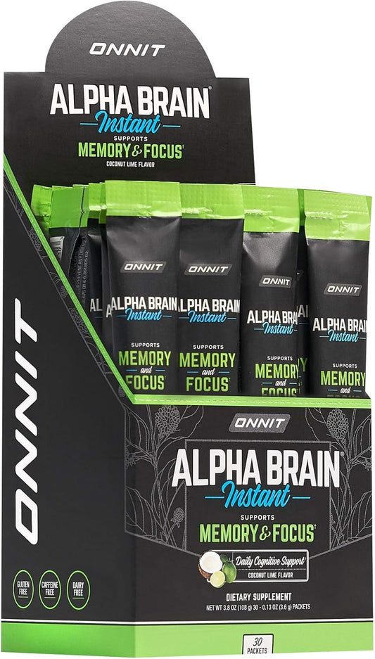 Alpha Brain Instant - Coconut Lime Nootropic Supplement for Memory, Focus, Energy & Clarity - Alpha GPC, Cats Claw, L-Theanine, Bacopa - 30ct