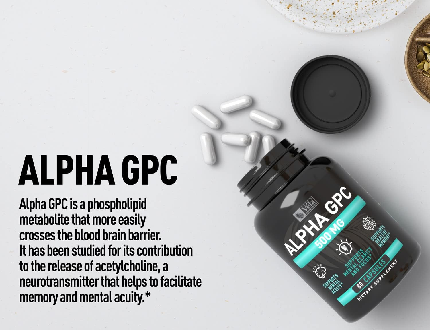Alpha GPC 500mg Capsules | 80 Count | Supports Cognitive Function & Memory | Optimal Bioavailability | Non-GMO, Third-Party Tested