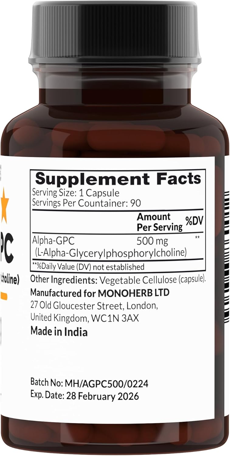 Alpha-GPC 500mg Nootropic Supplement - 90 Vegan Capsules for Brain Support, Memory, Focus, Energy - MONOHERB