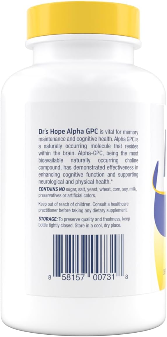 Alpha GPC 500mg Supplement for Memory and Brain Health - 180 Veggie Capsules - Made in USA by Dr's Hope