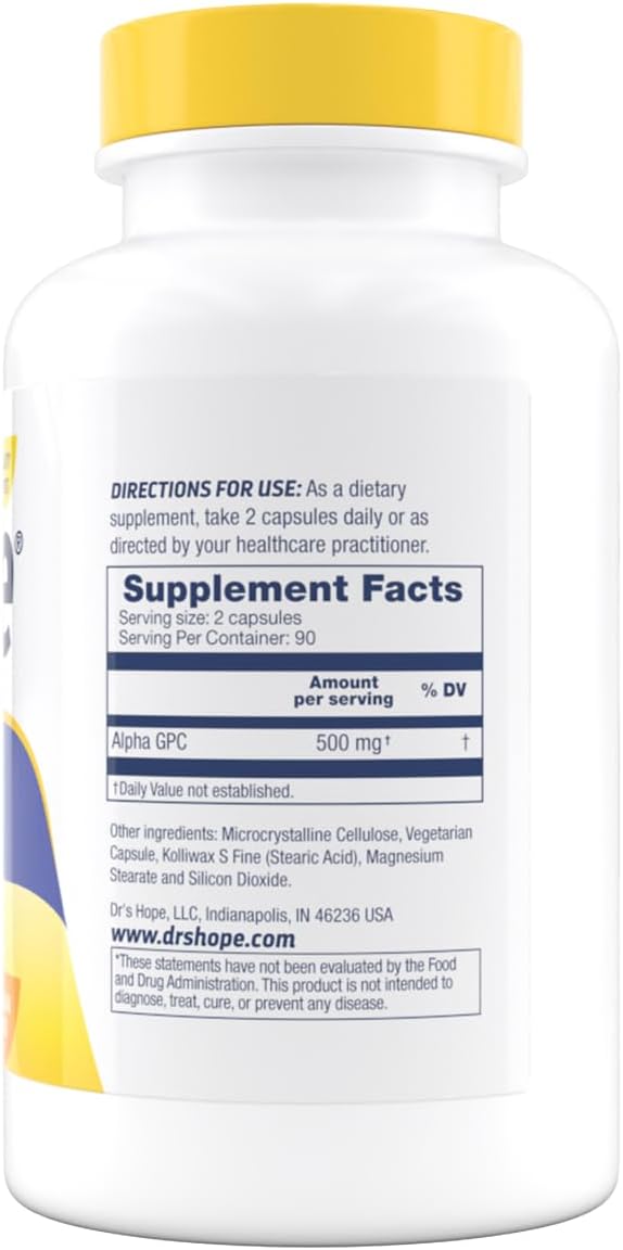 Alpha GPC 500mg Supplement for Memory and Brain Health - 180 Veggie Capsules - Made in USA by Dr's Hope