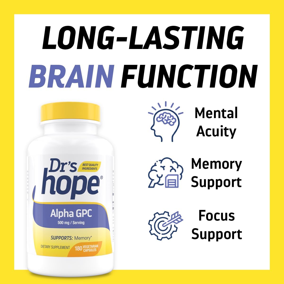 Alpha GPC 500mg Supplement for Memory and Brain Health - 180 Veggie Capsules - Made in USA by Dr's Hope