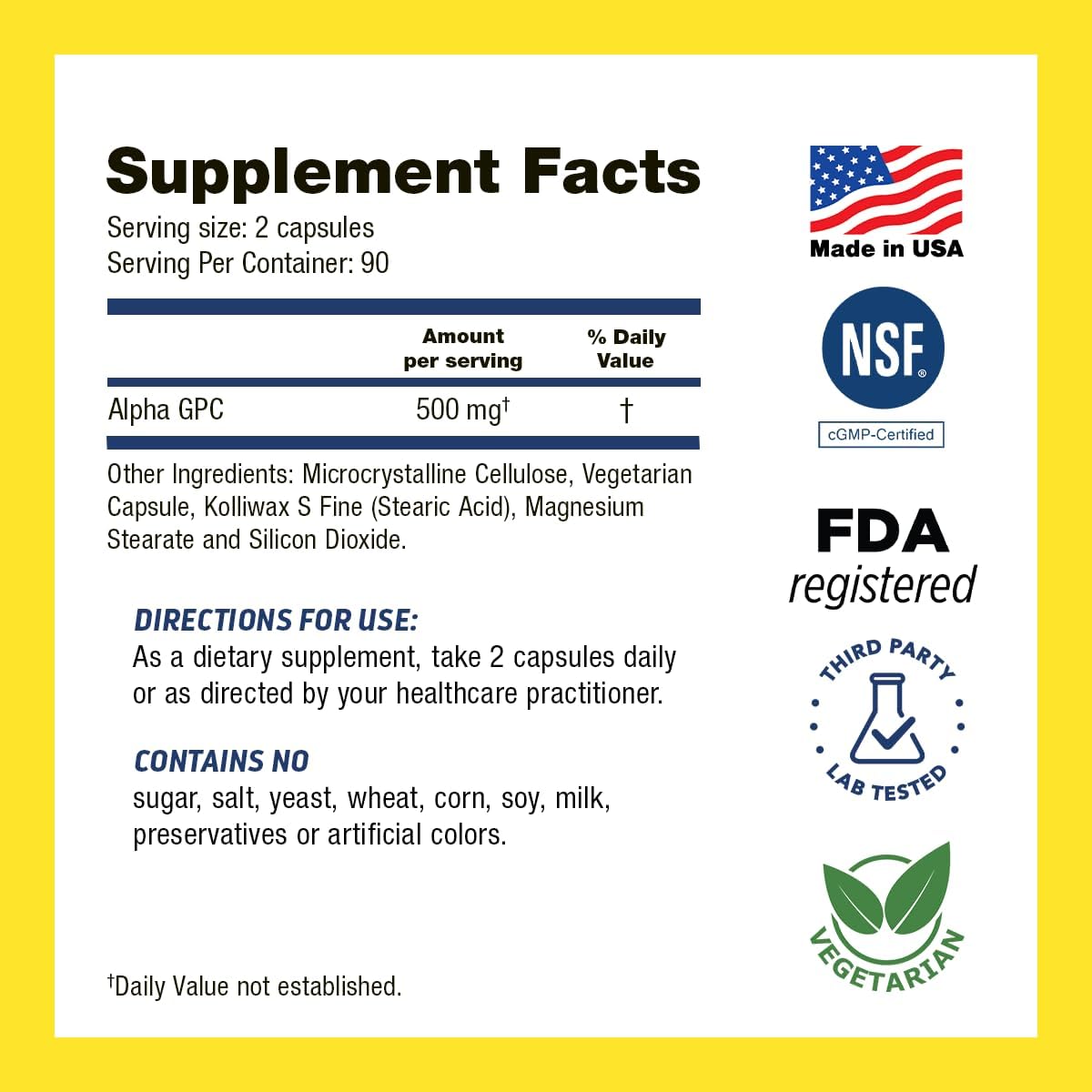 Alpha GPC 500mg Supplement for Memory and Brain Health - 180 Veggie Capsules - Made in USA by Dr's Hope