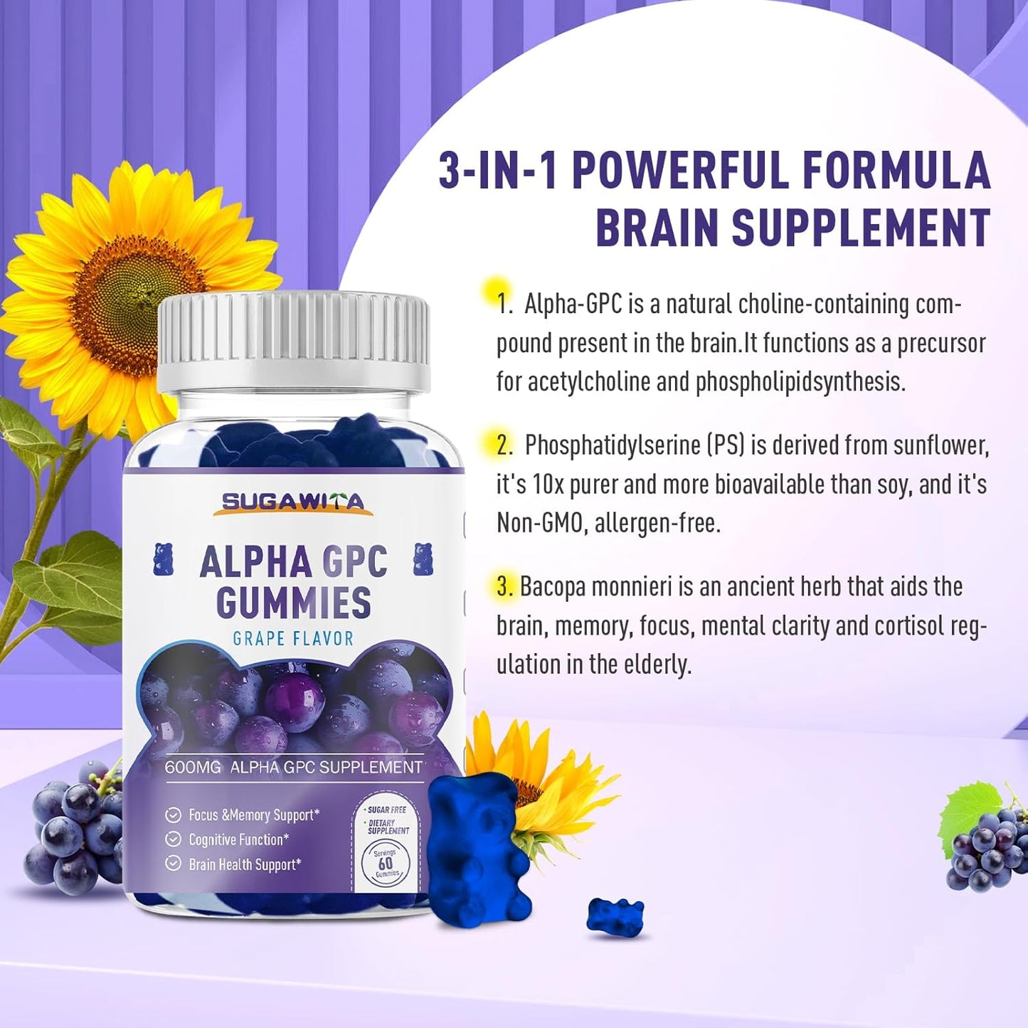 Alpha GPC and Phosphatidylserine Brain Gummies with Bacopa - Memory, Focus, and Brain Health Support, 600mg, 60 Count