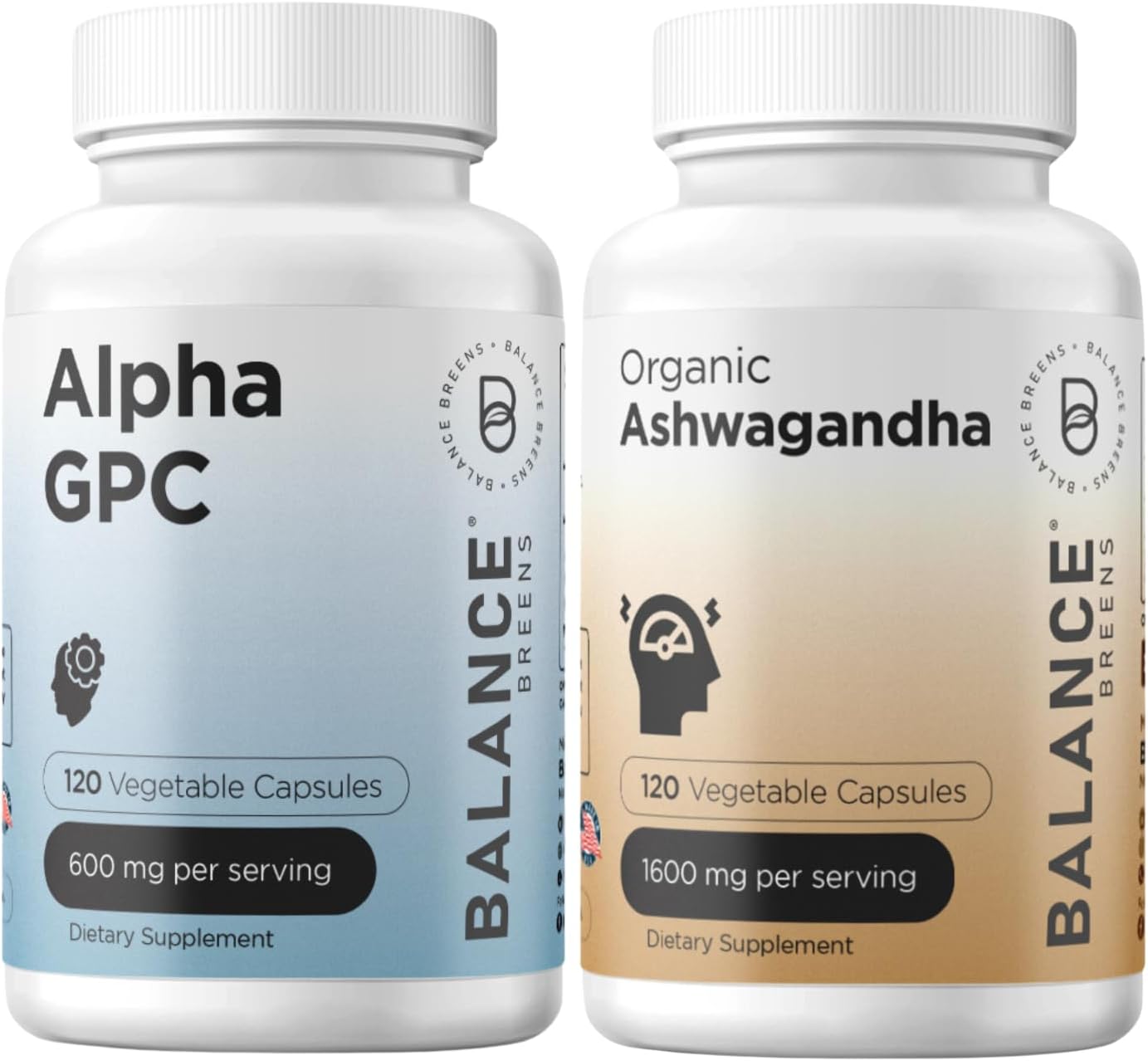 Alpha GPC Choline & Ashwagandha Supplement Combo for Balance - 600mg + 1600mg Organic Ashwagandha