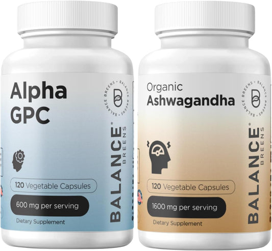 Alpha GPC Choline & Ashwagandha Supplement Combo for Balance - 600mg + 1600mg Organic Ashwagandha