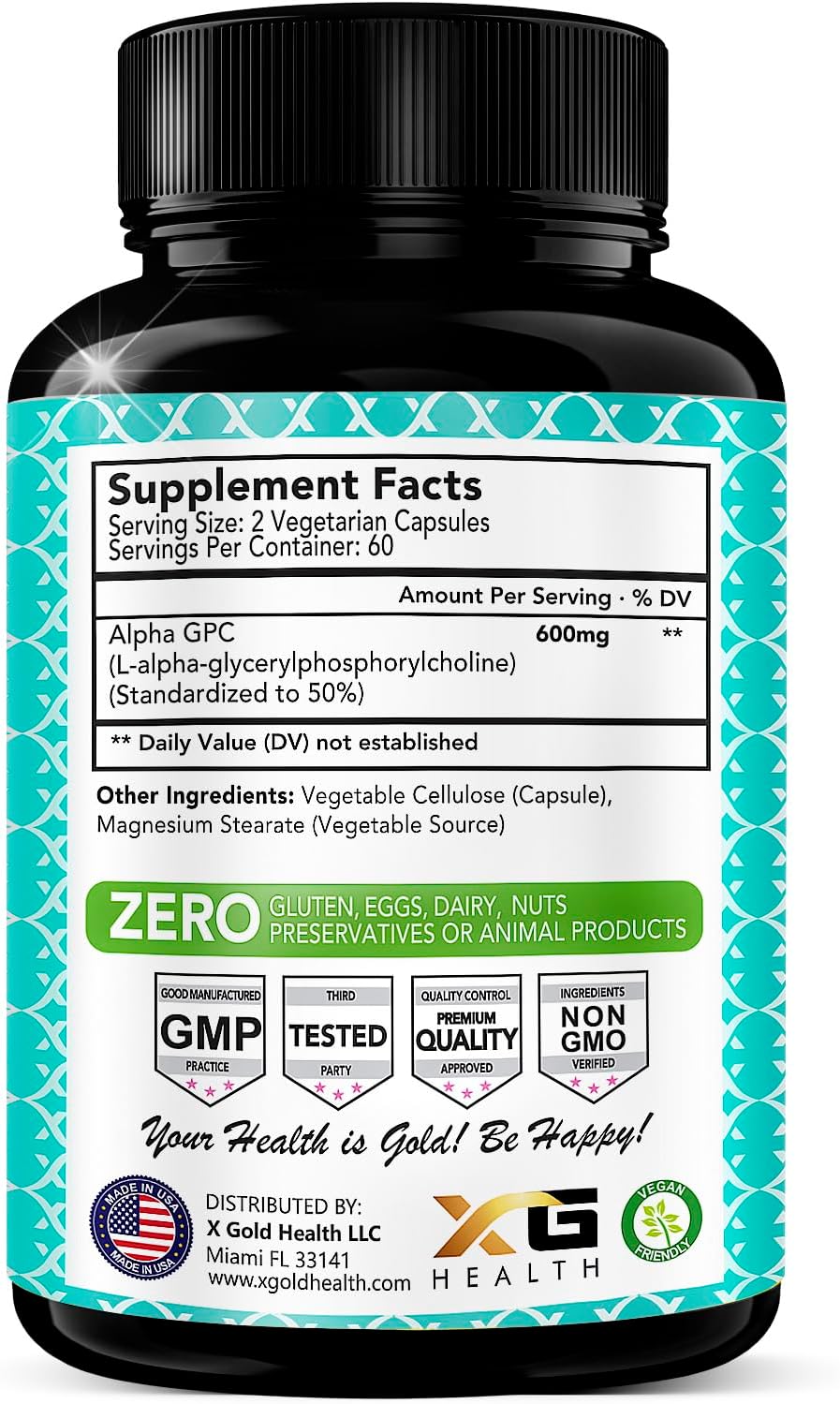 Alpha GPC Choline Supplement 600mg - Highly Purified Cognitive Enhancer Nootropic - 120 Veggie Capsules - Supports Memory, Brain Function, Focus, and Mood