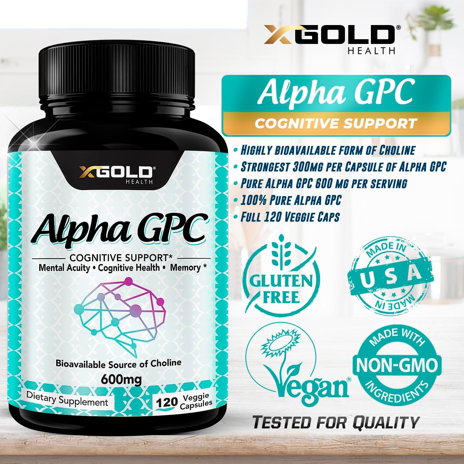 Alpha GPC Choline Supplement 600mg - Highly Purified Cognitive Enhancer Nootropic - 120 Veggie Capsules - Supports Memory, Brain Function, Focus, and Mood
